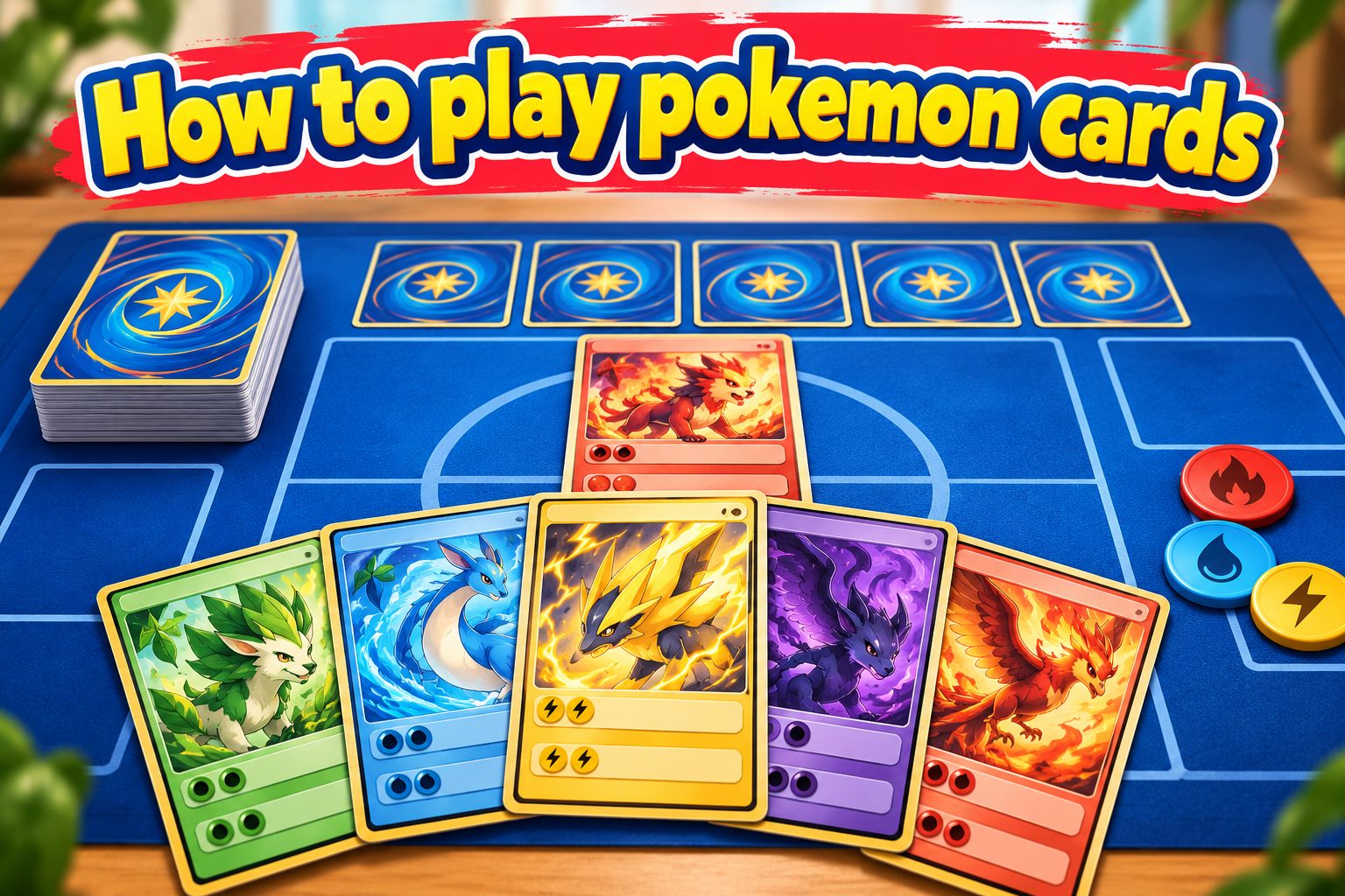 Two players battle with Pokémon trading cards, including Pokémon, Energy, and Trainer cards.